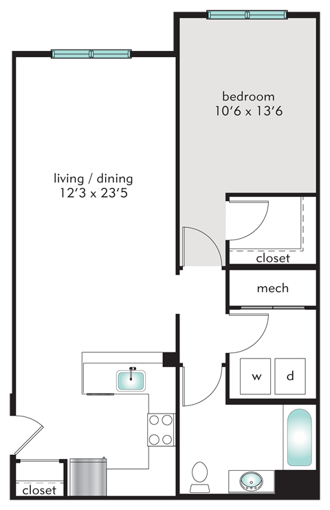 Tannery 1A floor plan one bedroom apartment at The Tannery, Connecticut, 06033